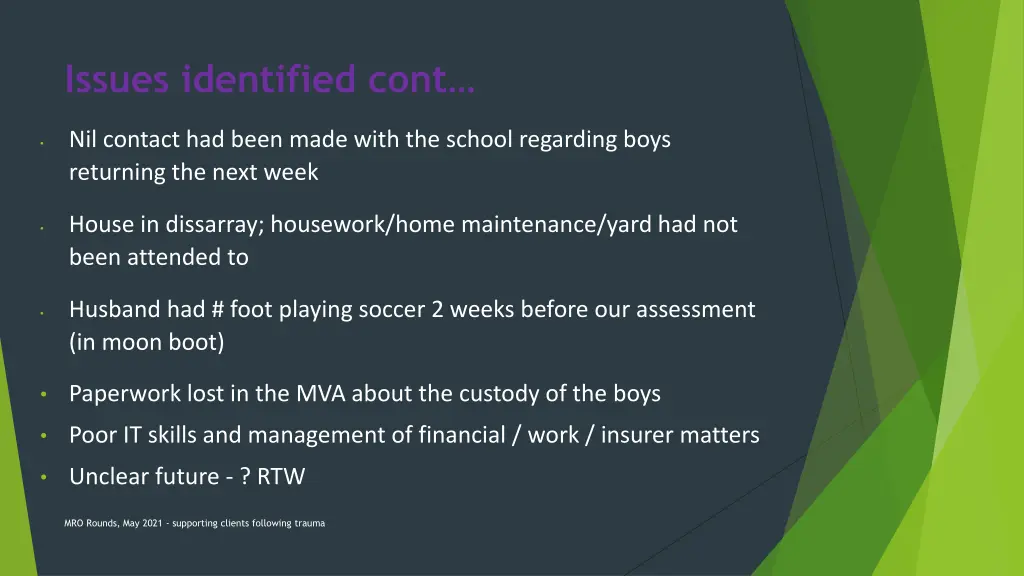 issues identified cont