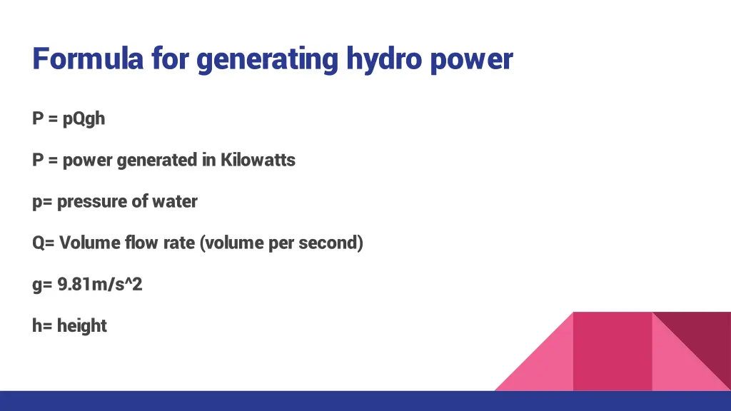 formula for generating hydro power