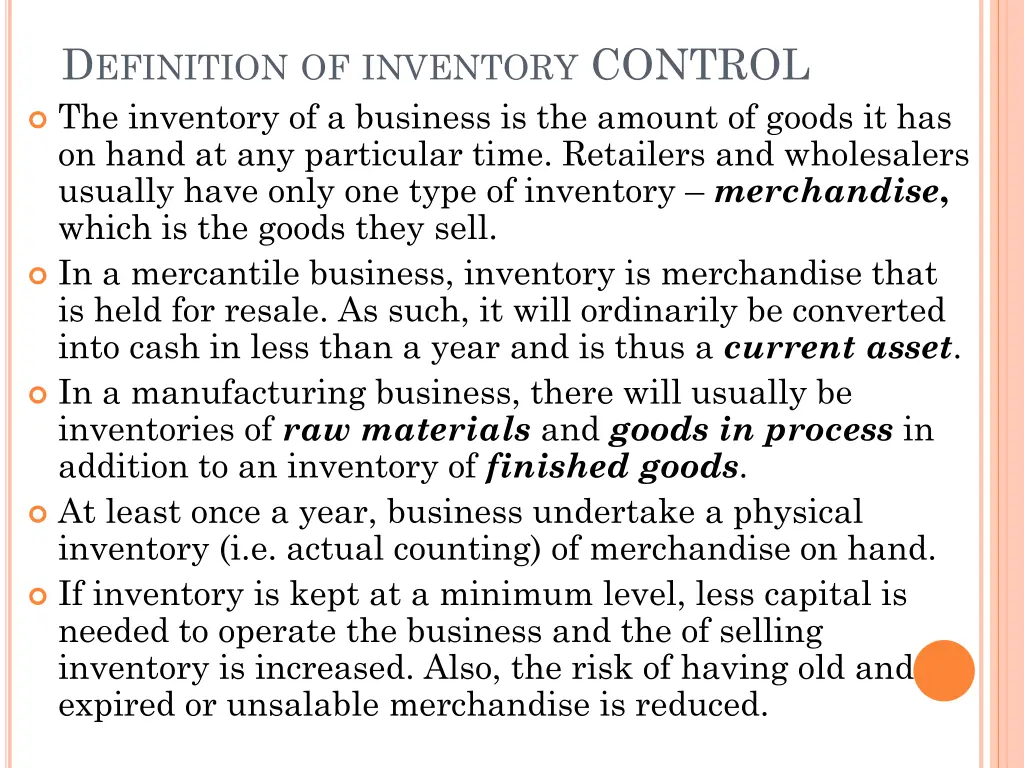 d efinition of inventory control the inventory