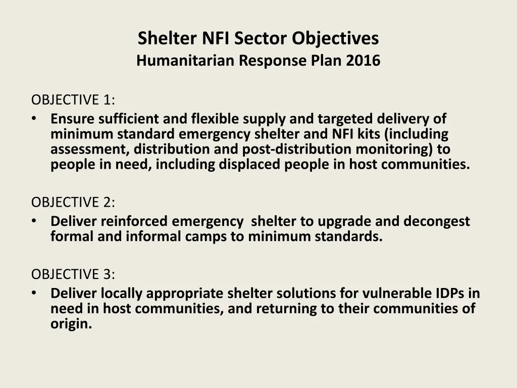 shelter nfi sector objectives humanitarian