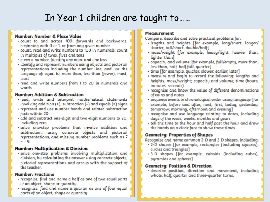 in year 1 children are taught to