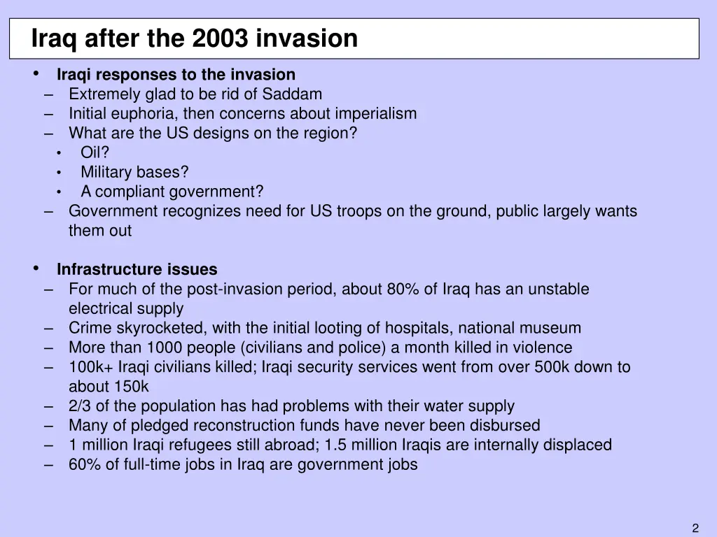 iraq after the 2003 invasion iraqi responses