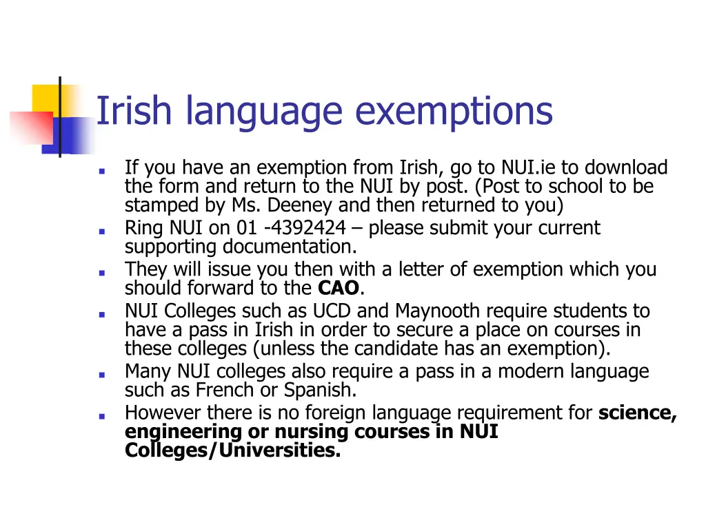 irish language exemptions