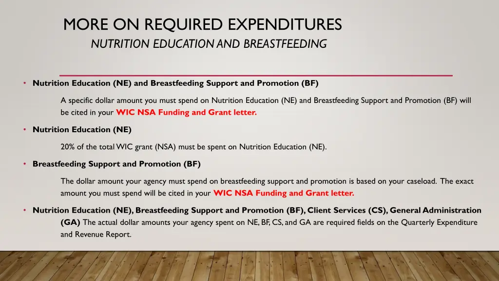 more on required expenditures nutrition education