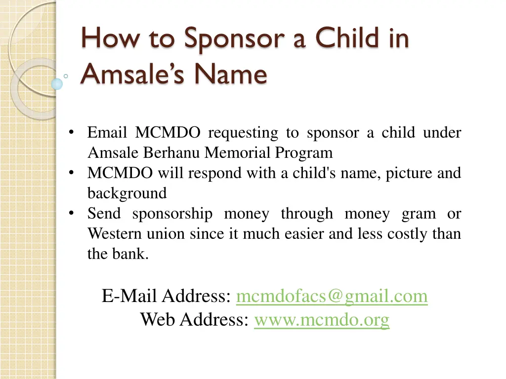 how to sponsor a child in amsale s name