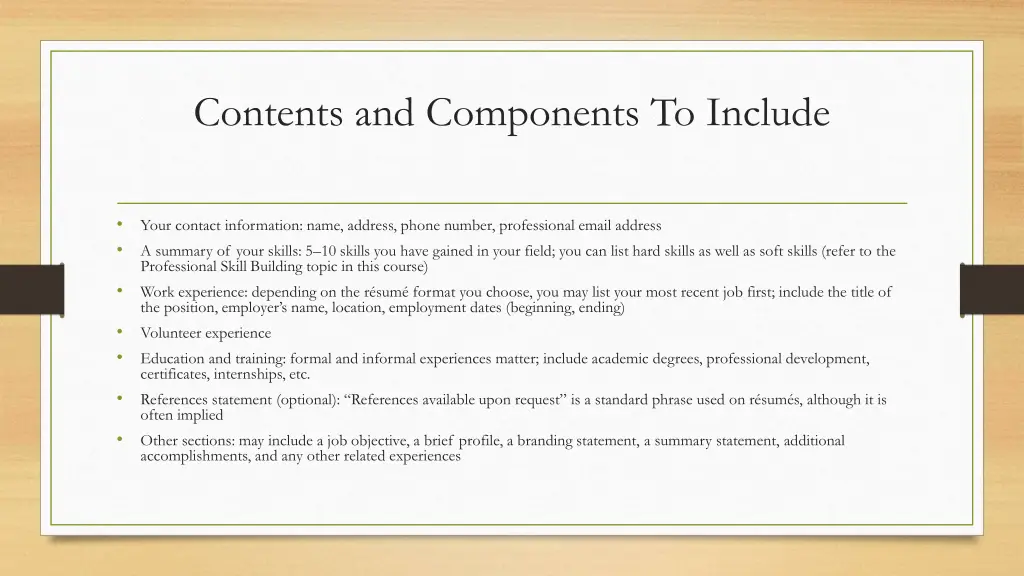 contents and components to include