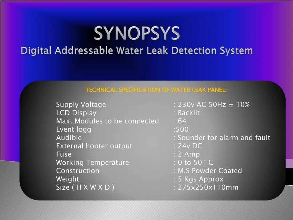 technical specification of water leak panel