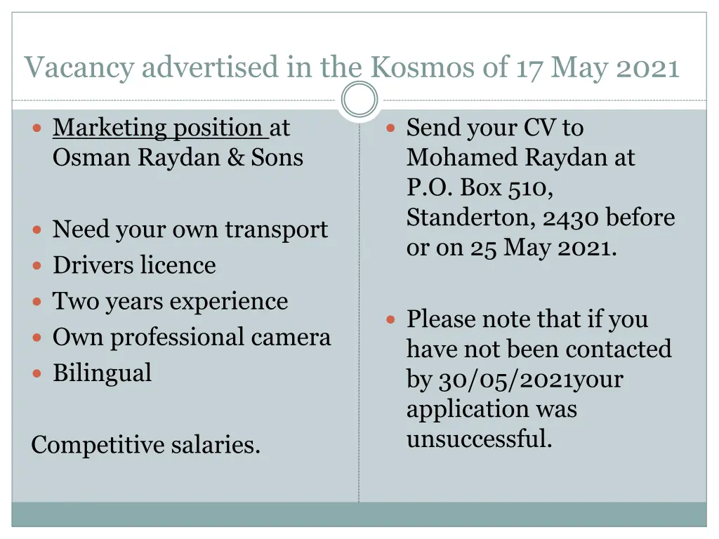 vacancy advertised in the kosmos of 17 may 2021