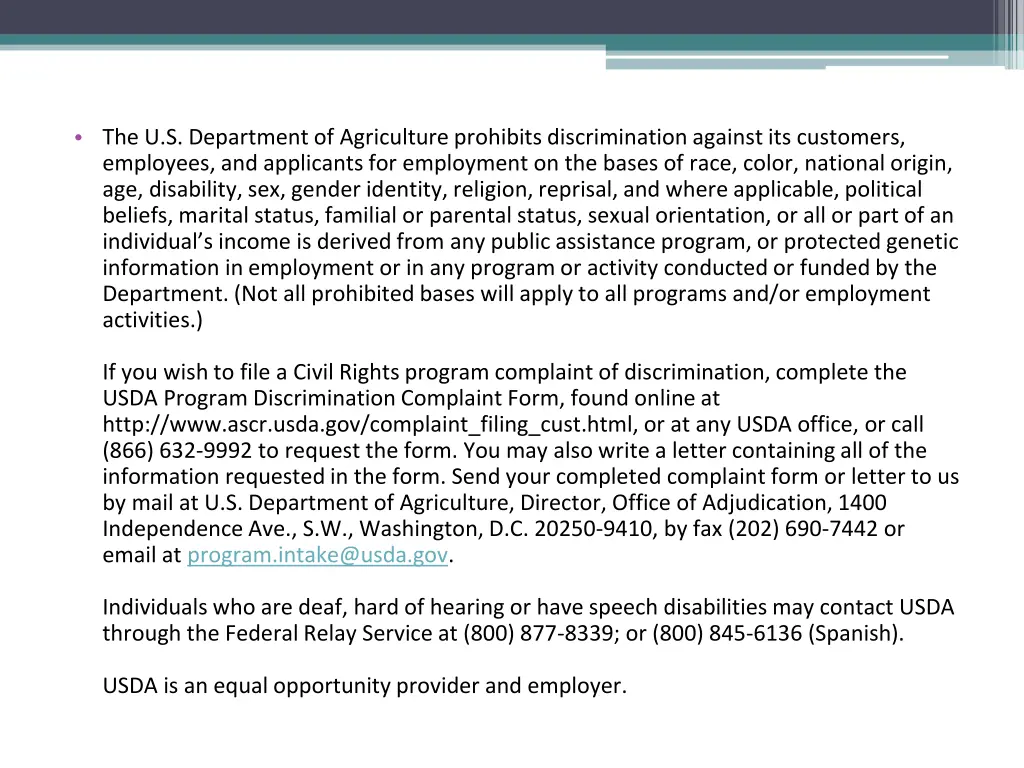 the u s department of agriculture prohibits