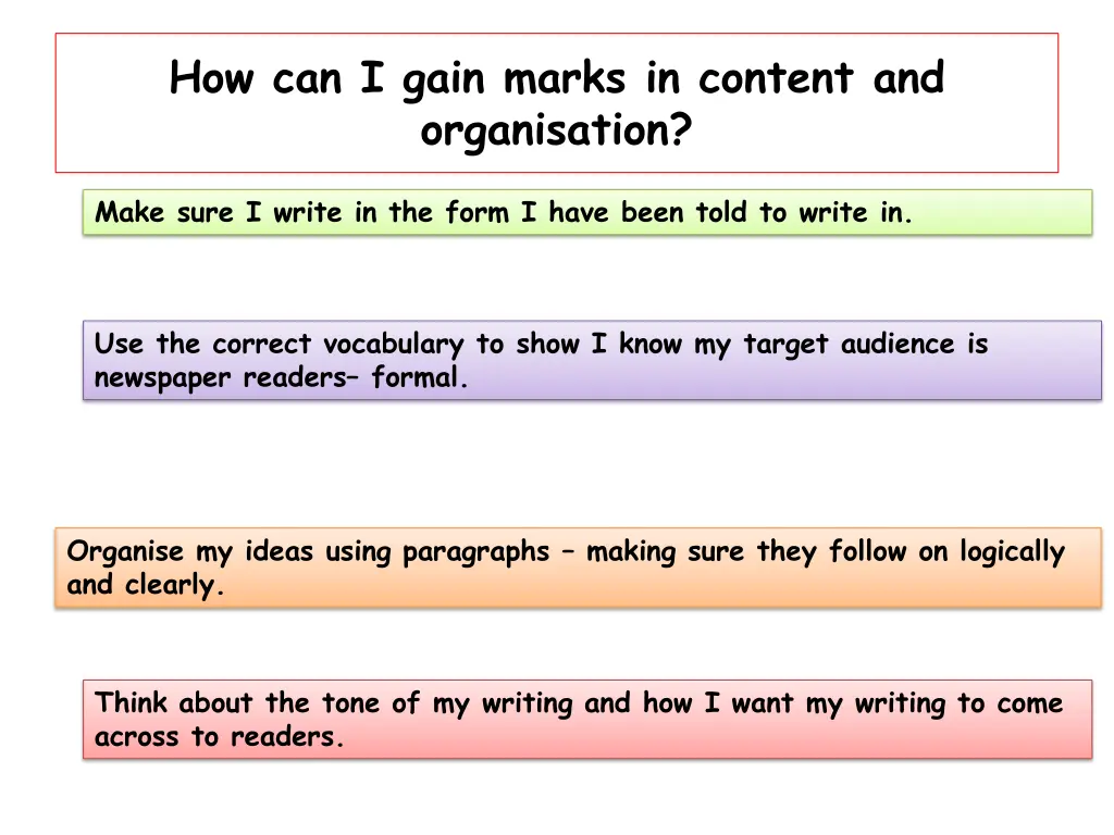 how can i gain marks in content and organisation
