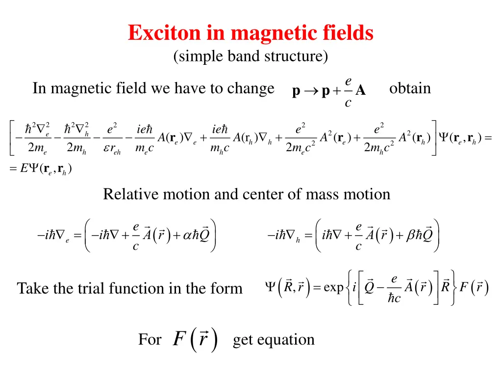 exciton in magnetic fields simple band structure