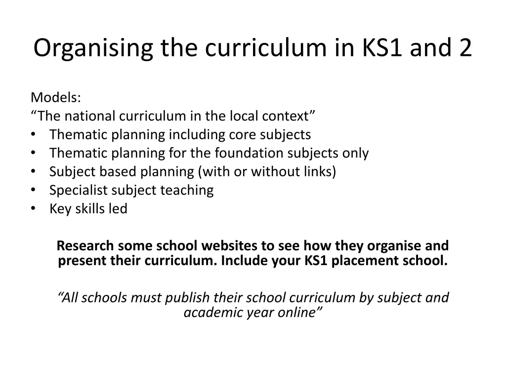 organising the curriculum in ks1 and 2