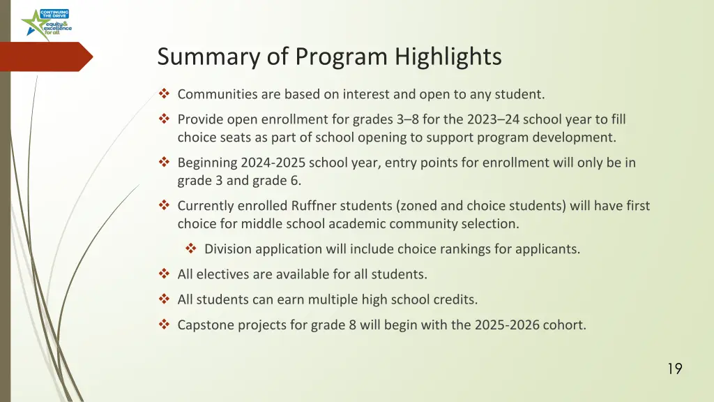 summary of program highlights