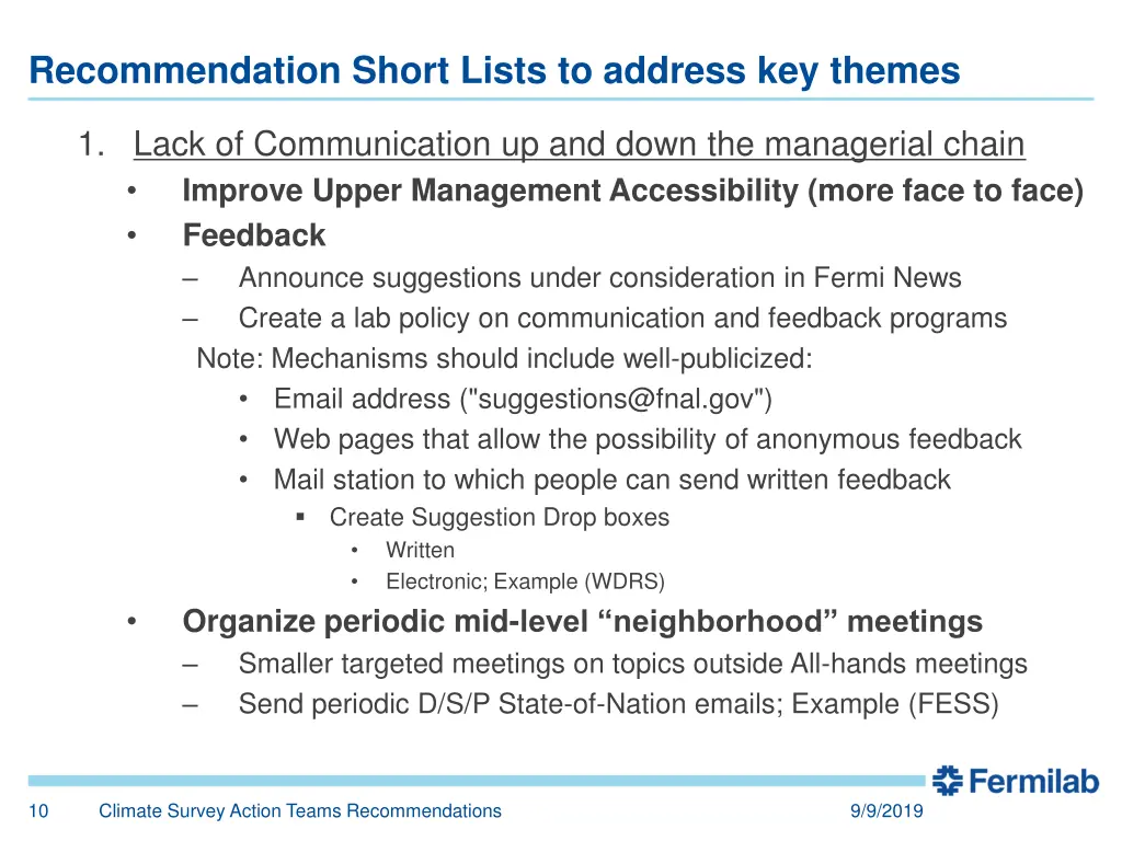 recommendation short lists to address key themes