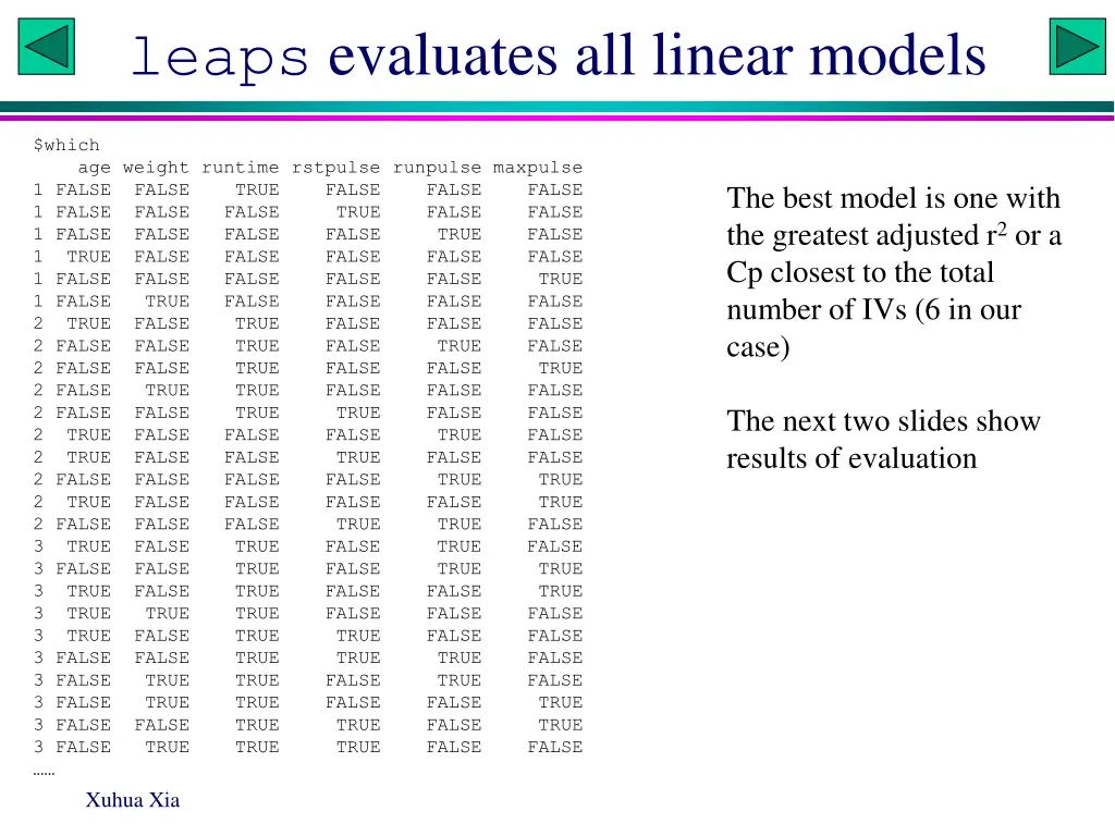 leaps evaluates all linear models