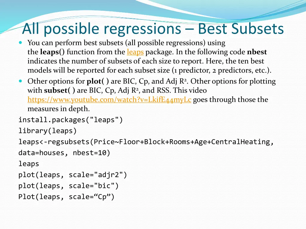 all possible regressions best subsets