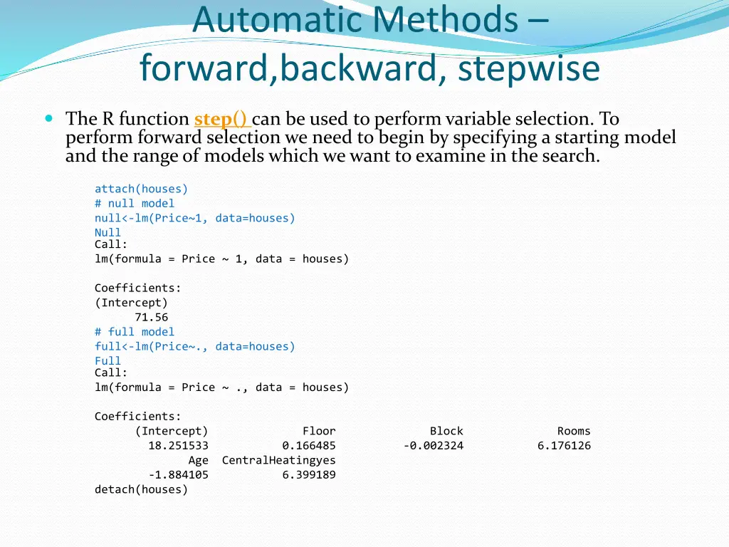 automatic methods forward backward stepwise