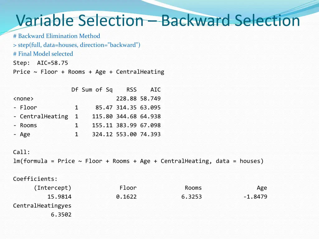 variable selection backward selection backward