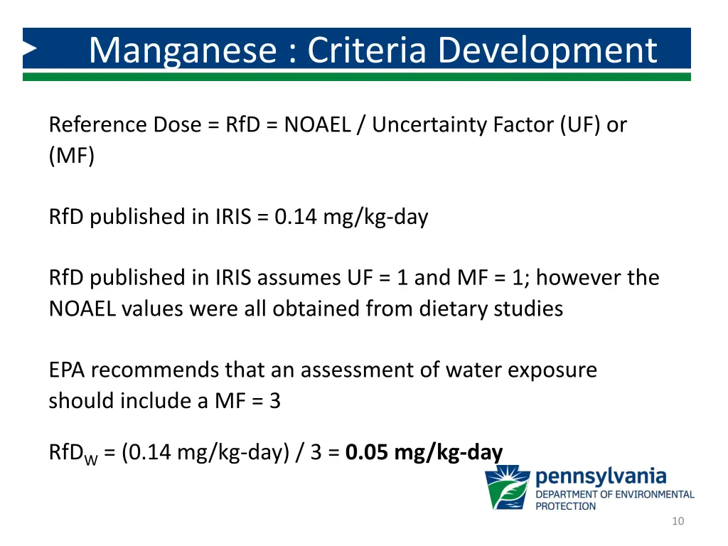 manganese criteria development 8
