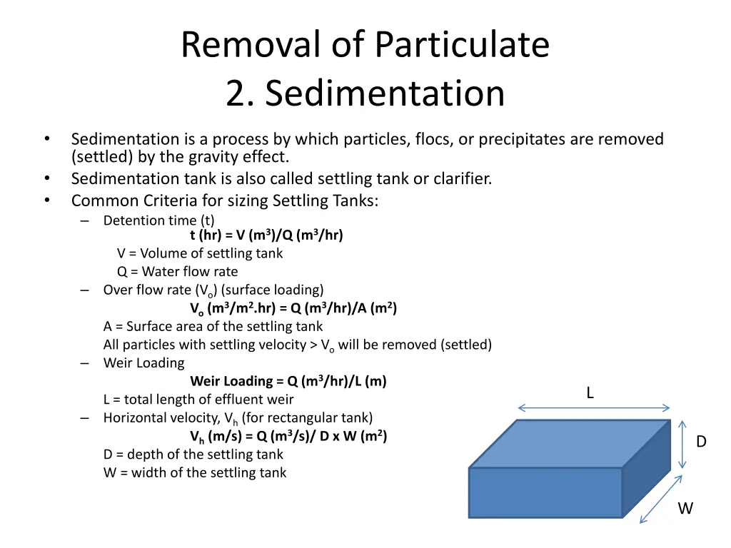 removal of particulate 2 sedimentation