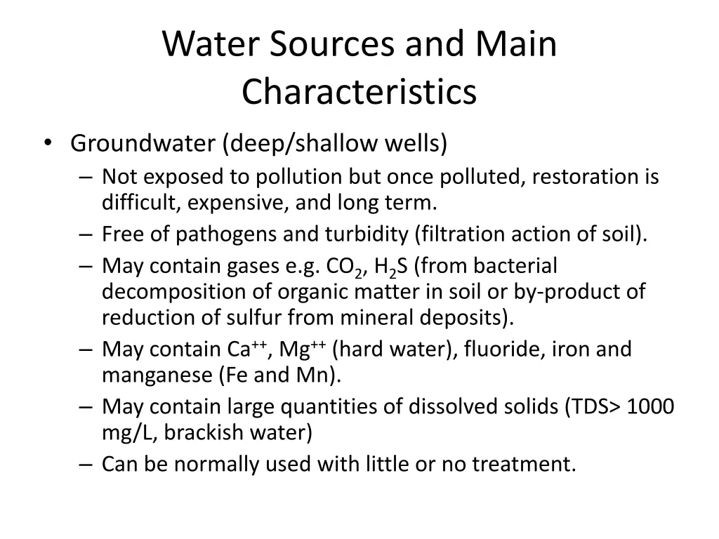 water sources and main characteristics
