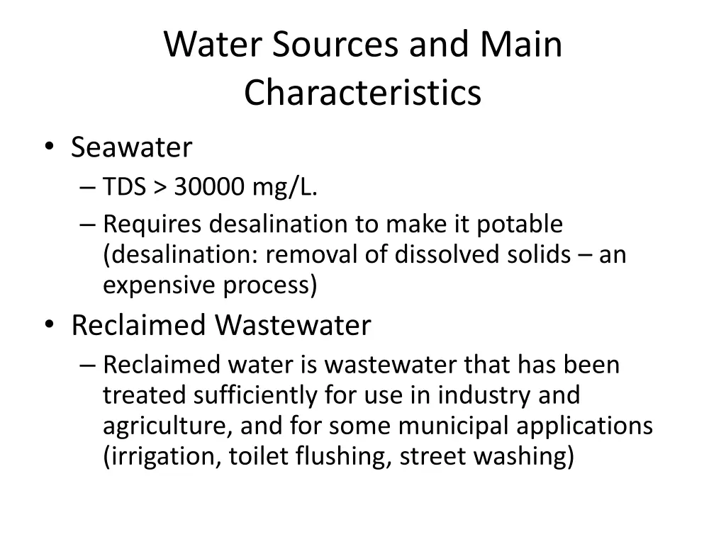 water sources and main characteristics seawater