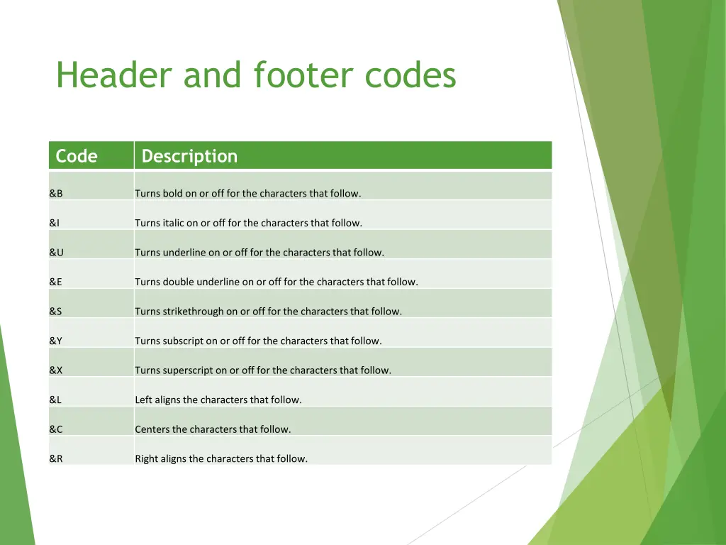 header and footer codes 1