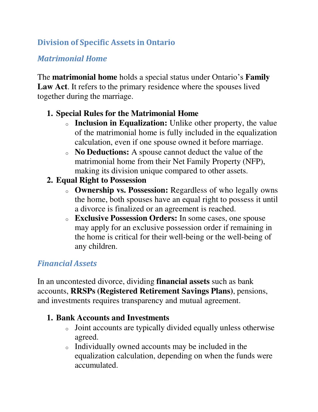 division of specific assets in ontario