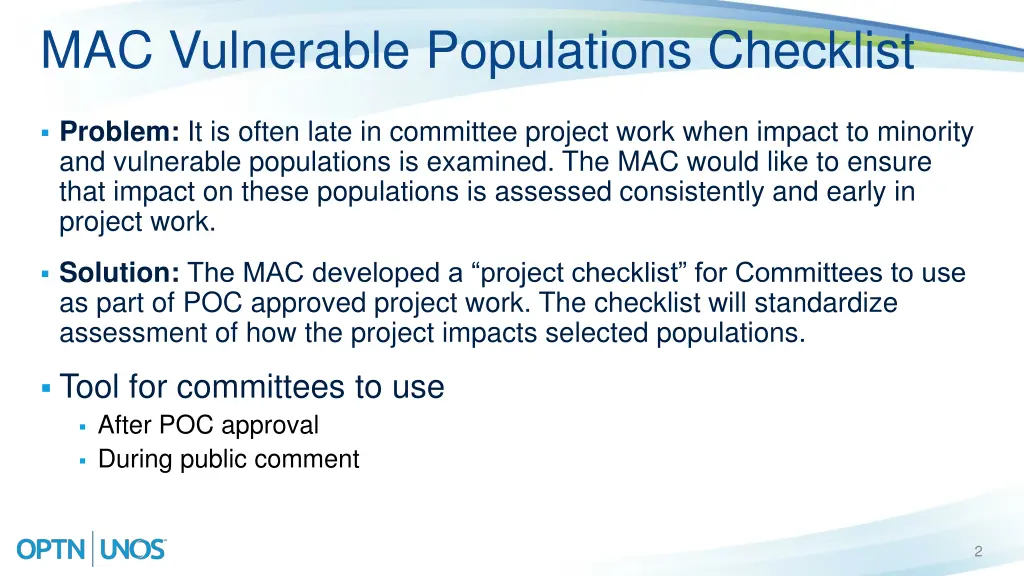 mac vulnerable populations checklist