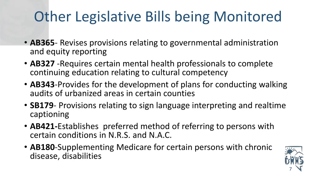 other legislative bills being monitored