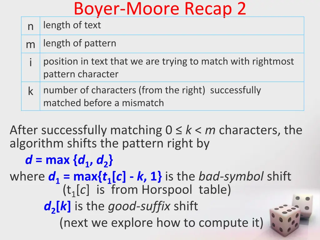 boyer moore recap 2 n length of text m length