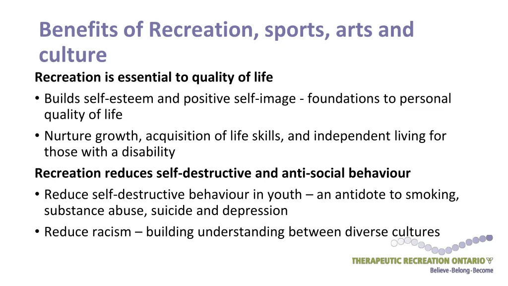 benefits of recreation sports arts and culture