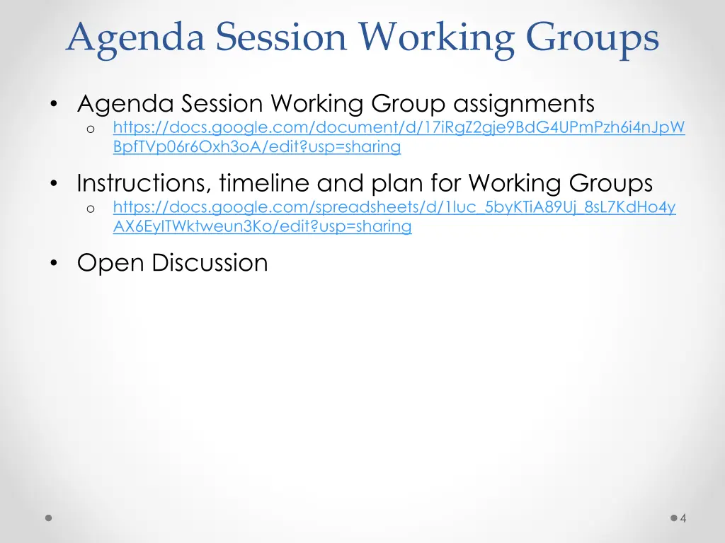agenda session working groups
