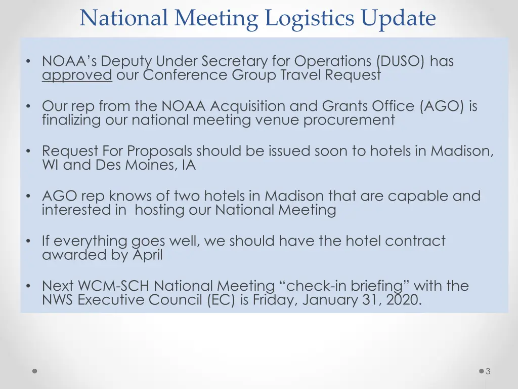 national meeting logistics update