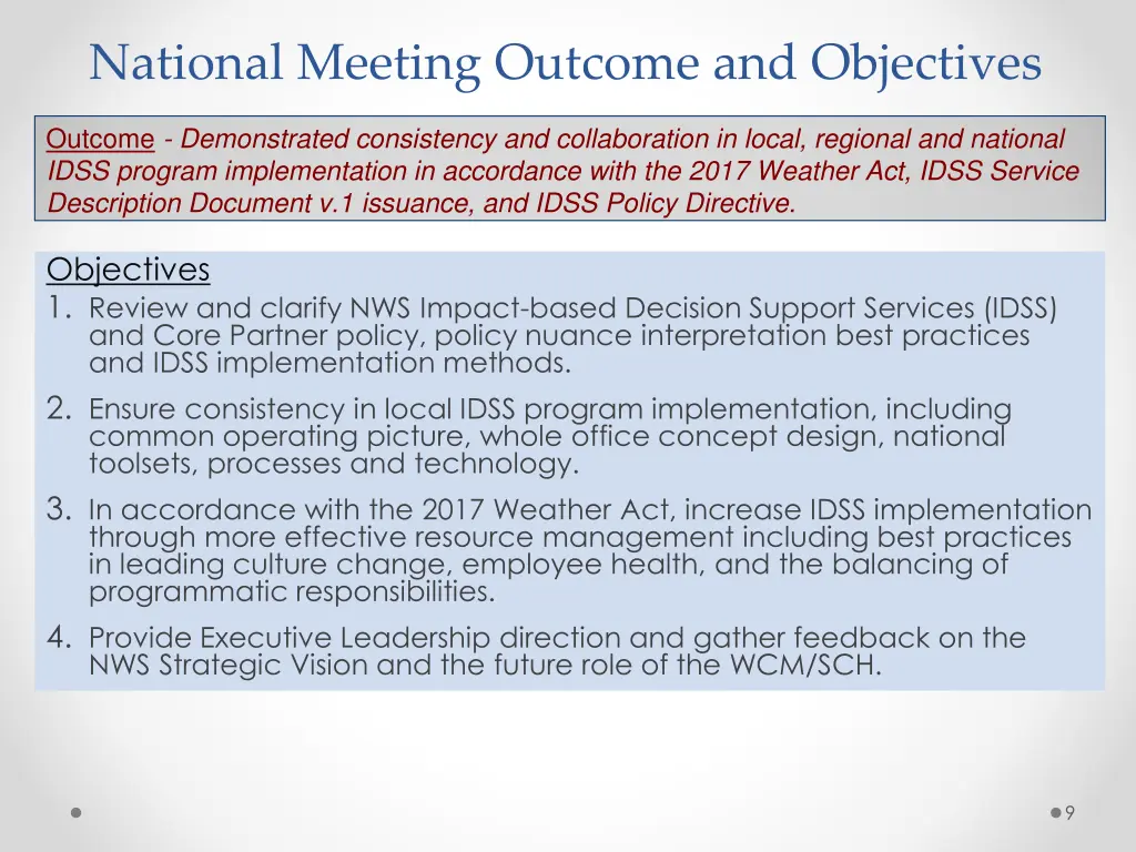 national meeting outcome and objectives