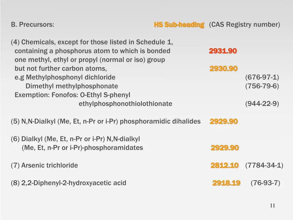 b precursors 4 chemicals except for those listed