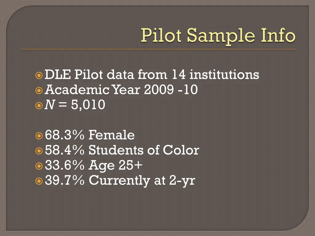 dle pilot data from 14 institutions academic year