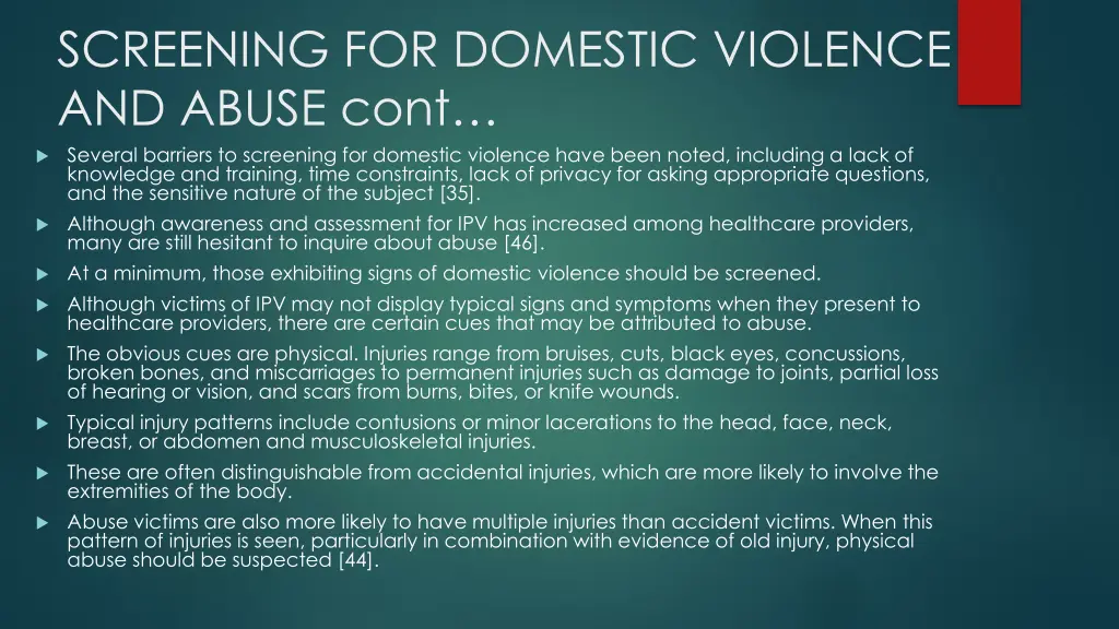 screening for domestic violence and abuse cont