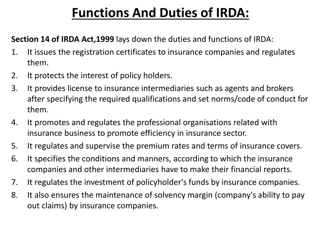 functions and duties of irda