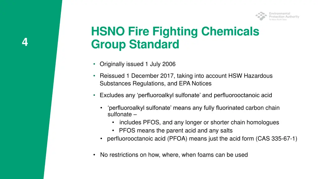 hsno fire fighting chemicals group standard