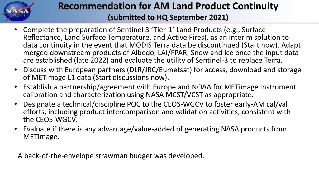 recommendation for am land product continuity
