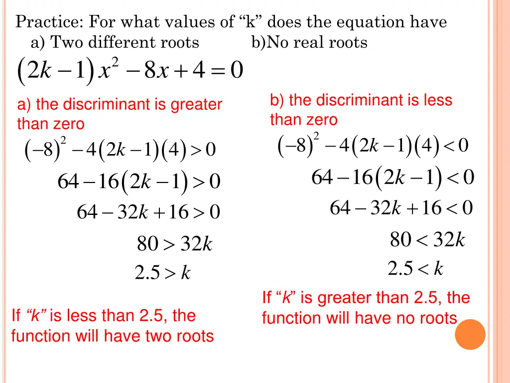 practice for what values of k does the equation 1