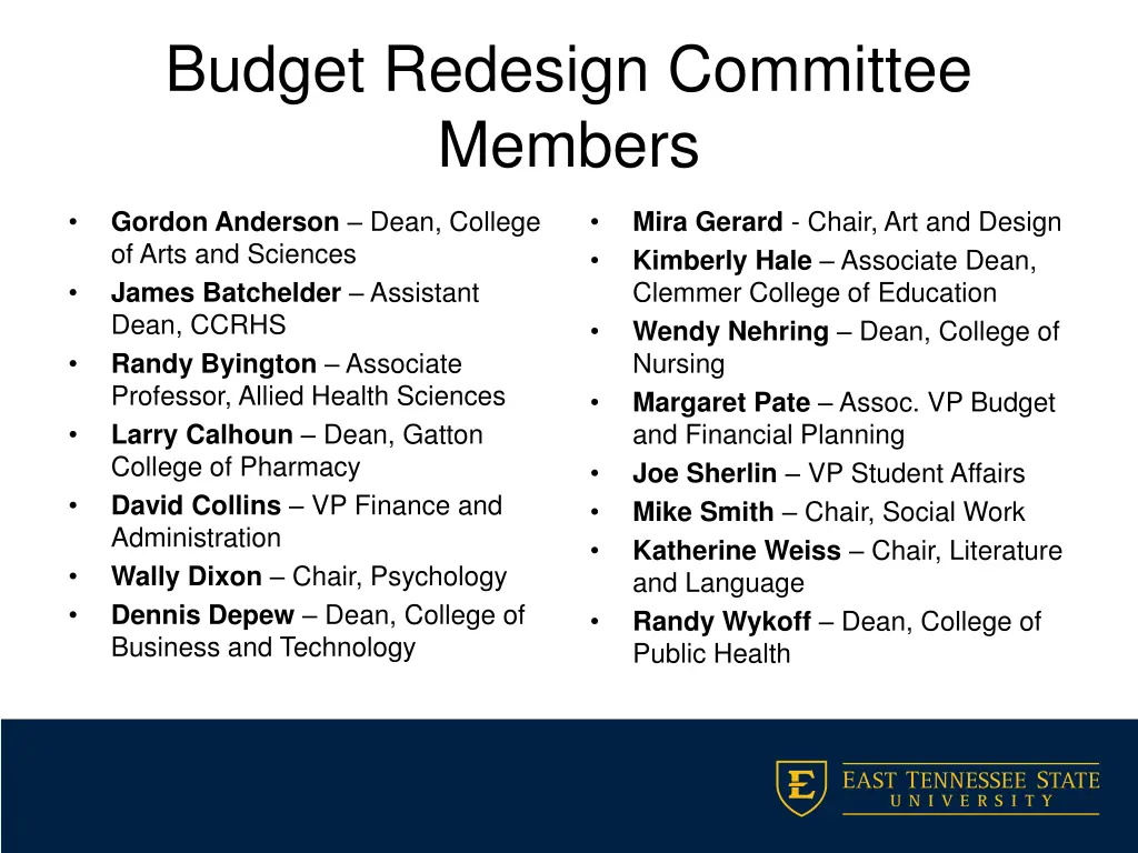 budget redesign committee members