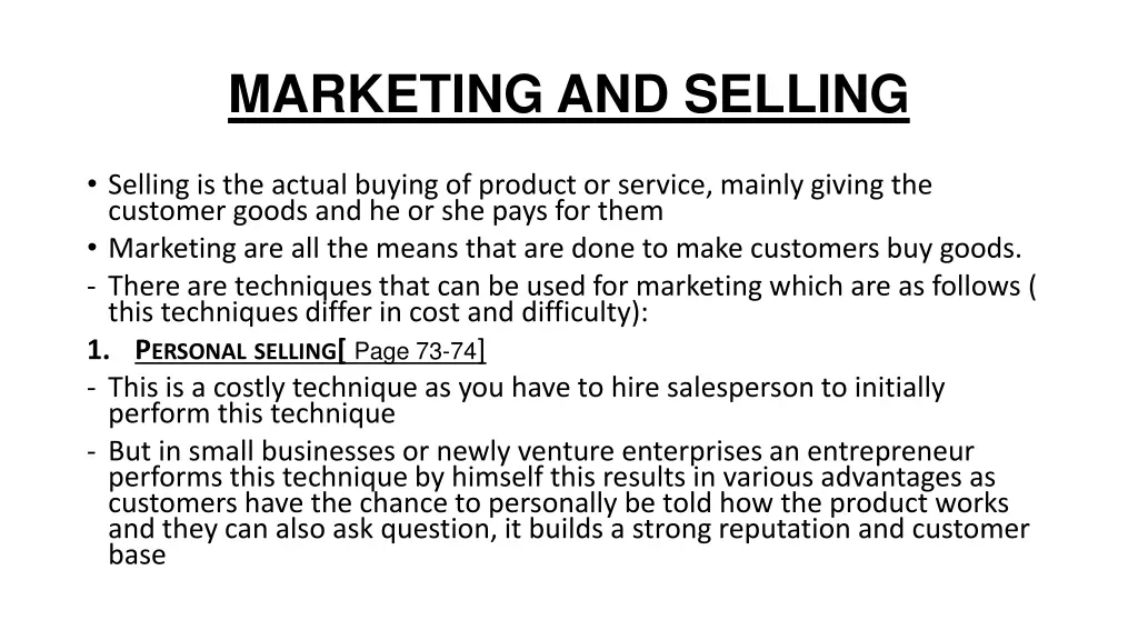marketing and selling