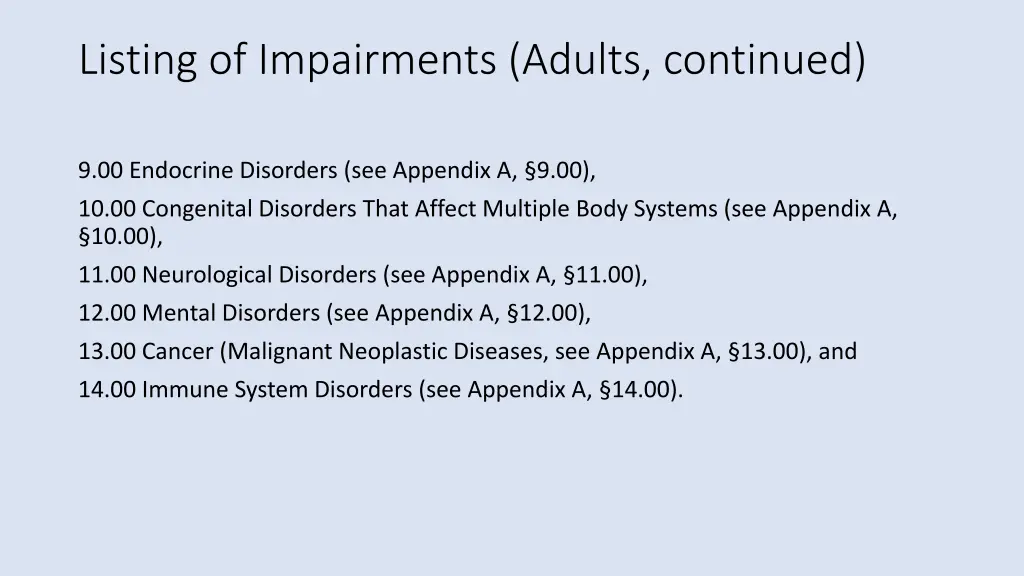 listing of impairments adults continued 1