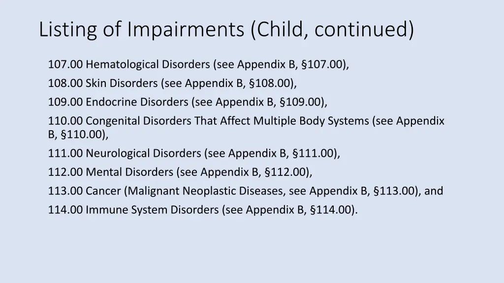 listing of impairments child continued
