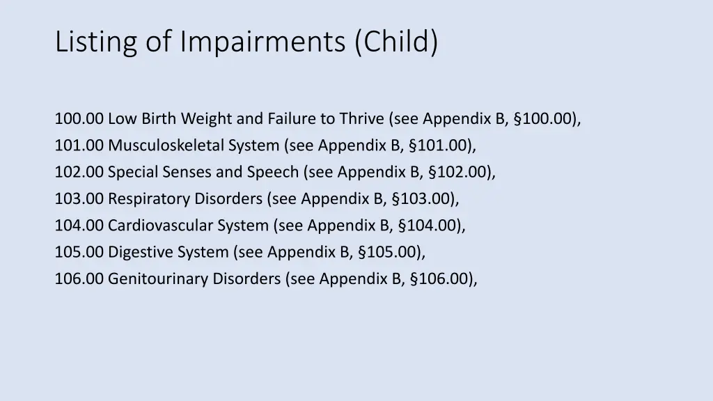 listing of impairments child