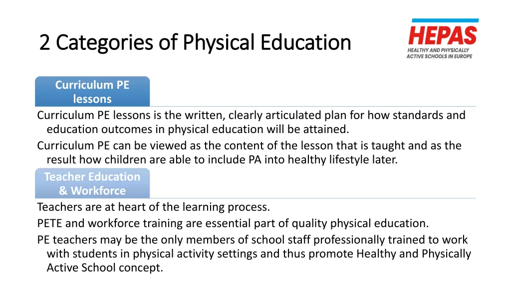 2 categories of physical education 2 categories 1