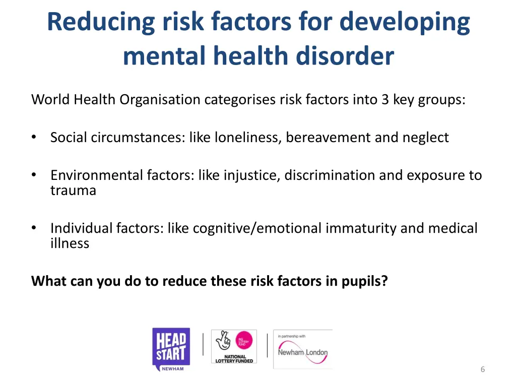 reducing risk factors for developing mental