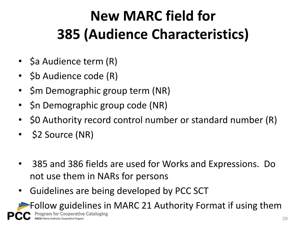 new marc field for 385 audience characteristics